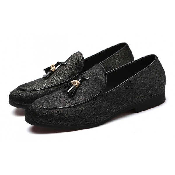 Black Gold Retro Tassels Mens Oxfords Loafers Dress Shoes Flats
