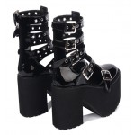 Black Patent Punk Rock Strappy Chunky Platforms Sole Lolita Gothic Sandals Boots Shoes