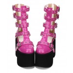 Pink Fushia Patent Punk Rock Strappy Chunky Platforms Sole Lolita Gothic Sandals Boots Shoes