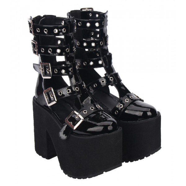 Black Patent Punk Rock Strappy Chunky Platforms Sole Lolita Gothic Sandals Boots Shoes