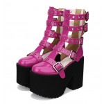 Pink Fushia Patent Punk Rock Strappy Chunky Platforms Sole Lolita Gothic Sandals Boots Shoes
