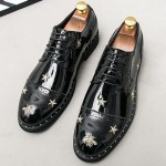 Black Patent Embroidery Bees Stars Lace Up Dapper Mens Loafers Flats Dress Shoes