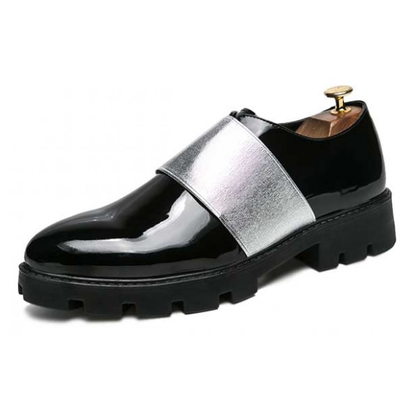 Black Patent Silver Band Punk Rock Mens Loafers Flats Dress Shoes