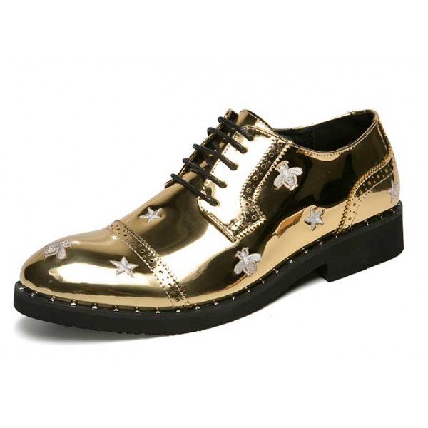 Gold Metallic Embroidery Bees Stars Lace Up Dapper Mens Loafers Flats Dress Shoes