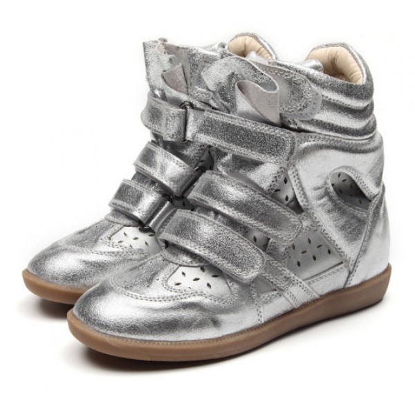Silver Hollow Out High Top Velcro Tapes Hidden Wedges Sneakers Shoes