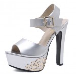 Silver Gold Roses Peeptoe Platforms Block Super High Heels Sandals Shoes