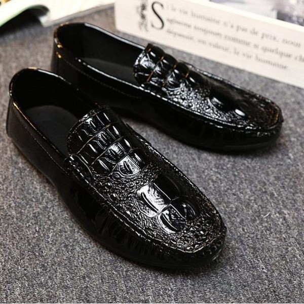 Black Croc Pattern Mens Casual Loafers Flats Shoes
