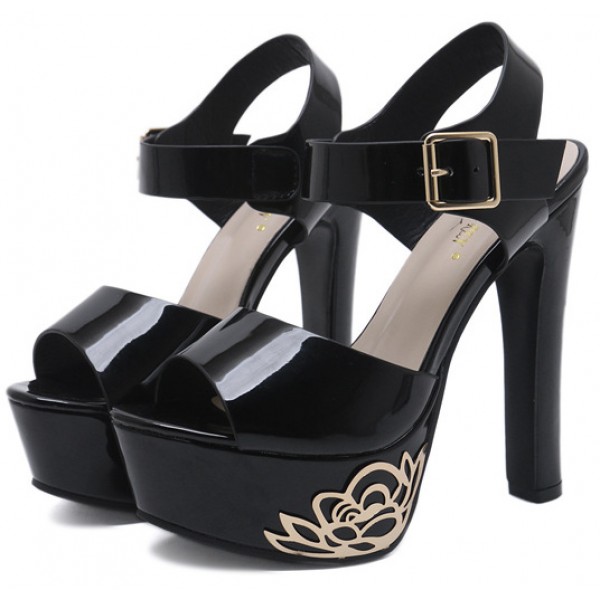 Black Gold Roses Peeptoe Platforms Block Super High Heels Sandals Shoes