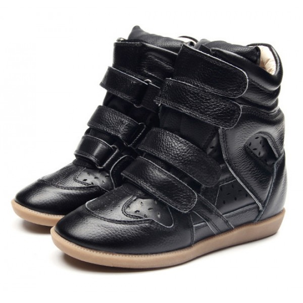 Black Hollow Out High Top Velcro Tapes Hidden Wedges Sneakers Shoes
