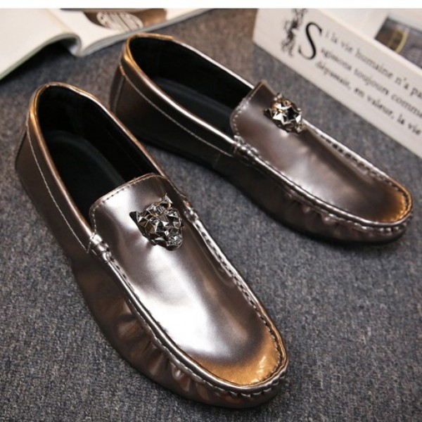 Silver Metallic Emblem Mens Casual Loafers Flats Shoes