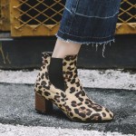 Khaki Leopard Suede Pointed Head Ankle High Heels Chelsea Boots Shoes
