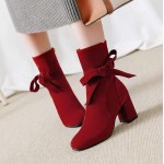 Burgundy Red Suede Bow Point Head Ankle High Heels Boots Shoes