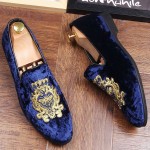 Blue Velvet Suede Gold Embroidery Bee Mens Oxfords Loafers Dress Shoes Flats