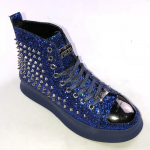 Blue Glitter Silver Spikes Punk Rock Mens High Top Lace Up Sneakers Shoes