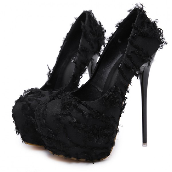 Black Feather Fur Flurry Sexy Platforms Super High Stiletto Heels Shoes