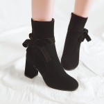 Black Suede Bow Point Head Ankle High Heels Boots Shoes