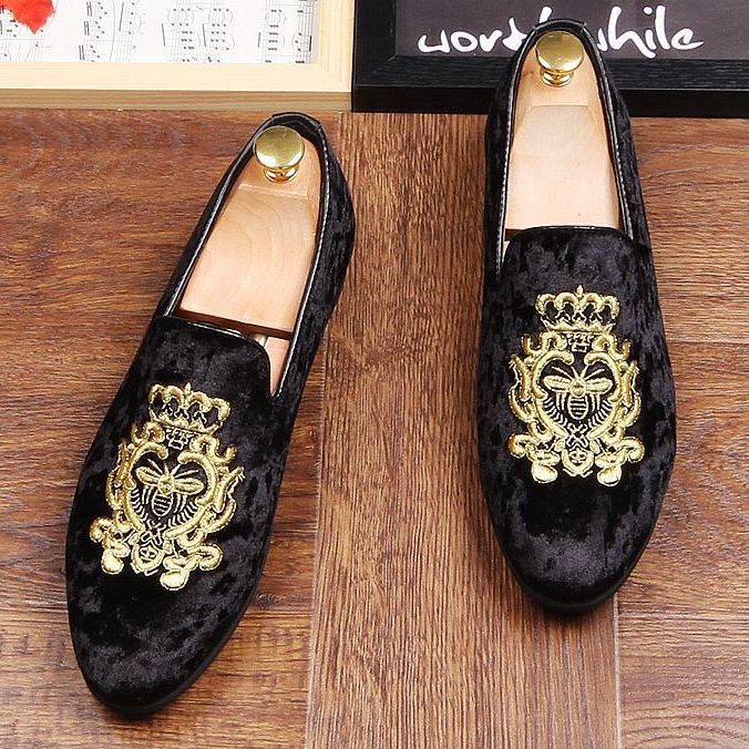 Black Velvet Suede Gold Embroidery Bee Mens Oxfords Loafers Dress Shoes ...