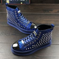 Blue Glitter Silver Spikes Punk Rock Mens High Top Lace Up Sneakers Shoes