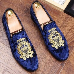 Blue Velvet Suede Gold Embroidery Bee Mens Oxfords Loafers Dress Shoes Flats