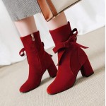Burgundy Red Suede Bow Point Head Ankle High Heels Boots Shoes