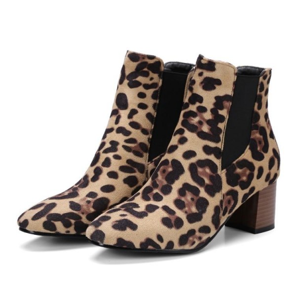 Khaki Leopard Suede Pointed Head Ankle High Heels Chelsea Boots Shoes