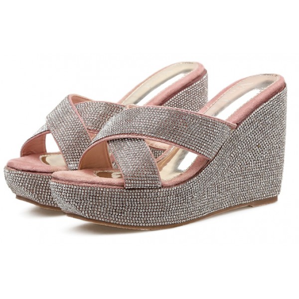 Pink Silver Diamantes Cross Straps Bling Bling Bridal Platforms Sandals Shoes