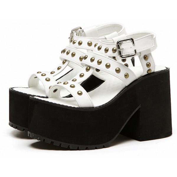 White Studs Straps Punk Rock Chunky Heels Sole Platforms Sandals Shoes