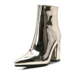 Gold Metallic Shinny Patent Pointed Head Ankle High Heels Rider Boots Shoes