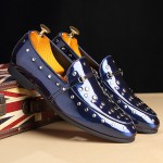 Blue Royal Patent Spikes Studs Punk Rock Mens Loafers Flats Dress Shoes