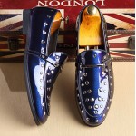 Blue Royal Patent Spikes Studs Punk Rock Mens Loafers Flats Dress Shoes