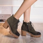 Grey Suede Grunge Cleated Sole Lace Up Ankle Block High Heels Rider Combat Boots Shoes