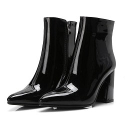 Black Patent Pointed Head Ankle High Heels Rider Boots Shoes