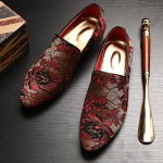 Black Red Gold Lace Embroidery Mens Oxfords Loafers Dress Shoes Flats