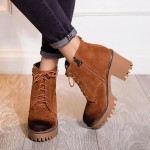Brown Suede Grunge Cleated Sole Lace Up Ankle Block High Heels Rider Combat Boots Shoes
