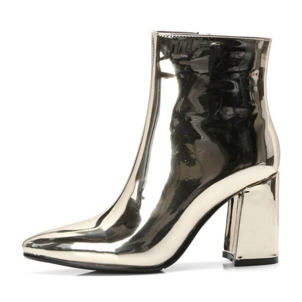 Gold Metallic Shinny Patent Pointed Head Ankle High Heels Rider Boots Shoes