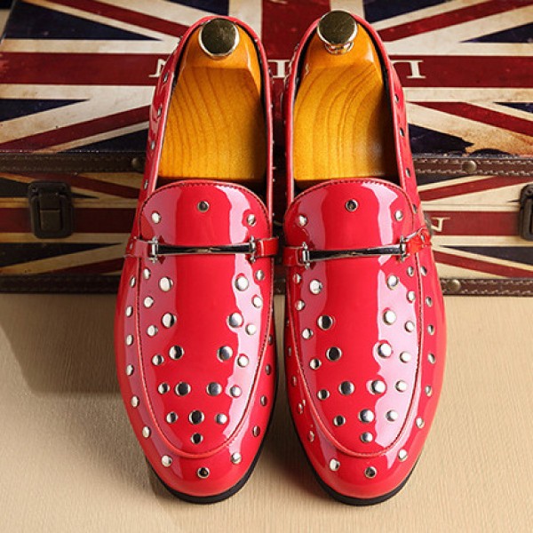 Red Patent Spikes Studs Punk Rock Mens Loafers Flats Dress Shoes