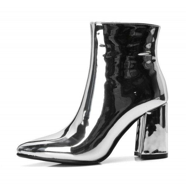 Silver Metallic Patent Pointed Head Ankle High Heels Rider Boots Shoes