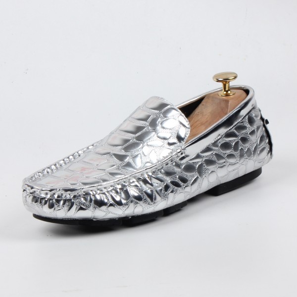Silver Metallic Patent Slip On Loafers Dress Shoes Flats