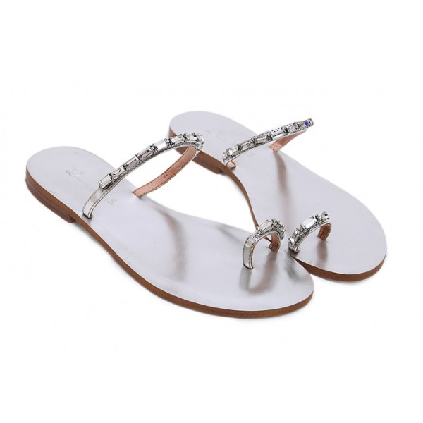 Silver Metallic Straps Thumb Diamantes Glamorous Fancy Flats Sandals Shoes