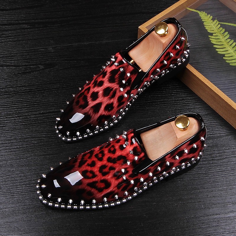 Red Patent Leopard Spikes Punk Rock Mens Loafers Flats Dress Shoes