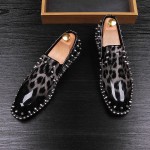 Grey Patent Leopard Spikes Punk Rock Mens Loafers Flats Dress Shoes