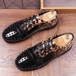 Khaki Patent Leopard Spikes Punk Rock Mens Lace Up Sneakers Shoes