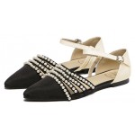 Black Satin Pearls Beads Point Head Ankle Straps Flats Evening Sandals Shoes
