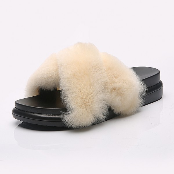 Furry Fur Cross Straps Fancy Slip On Flats Flip Flop Sandals Shoes