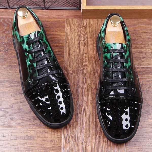 Green Patent Leopard Spikes Punk Rock Mens Lace Up Sneakers Shoes