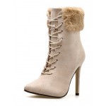 Khaki Suede Lace Up Fur Trim Pointed Head Stiletto High Heels Boots Shoes