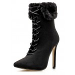 Black Suede Lace Up Fur Trim Pointed Head Stiletto High Heels Boots Shoes