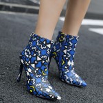 Blue Geometric Pointed Head Ankle Stiletto High Heels Boots Shoes