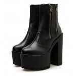 Black Side Zipper Chunky Sole Block High Heels Platforms Boots Shoes