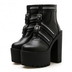 Black Buckles Punk Rock Chunky Sole Block High Heels Platforms Boots Shoes